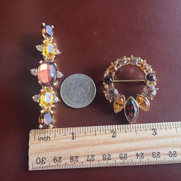 Lia Wreath Bar Brooch Pin G old Tone Lot Red Yellow Rhinestone Matching Gift Set - Picture 8 of 13
